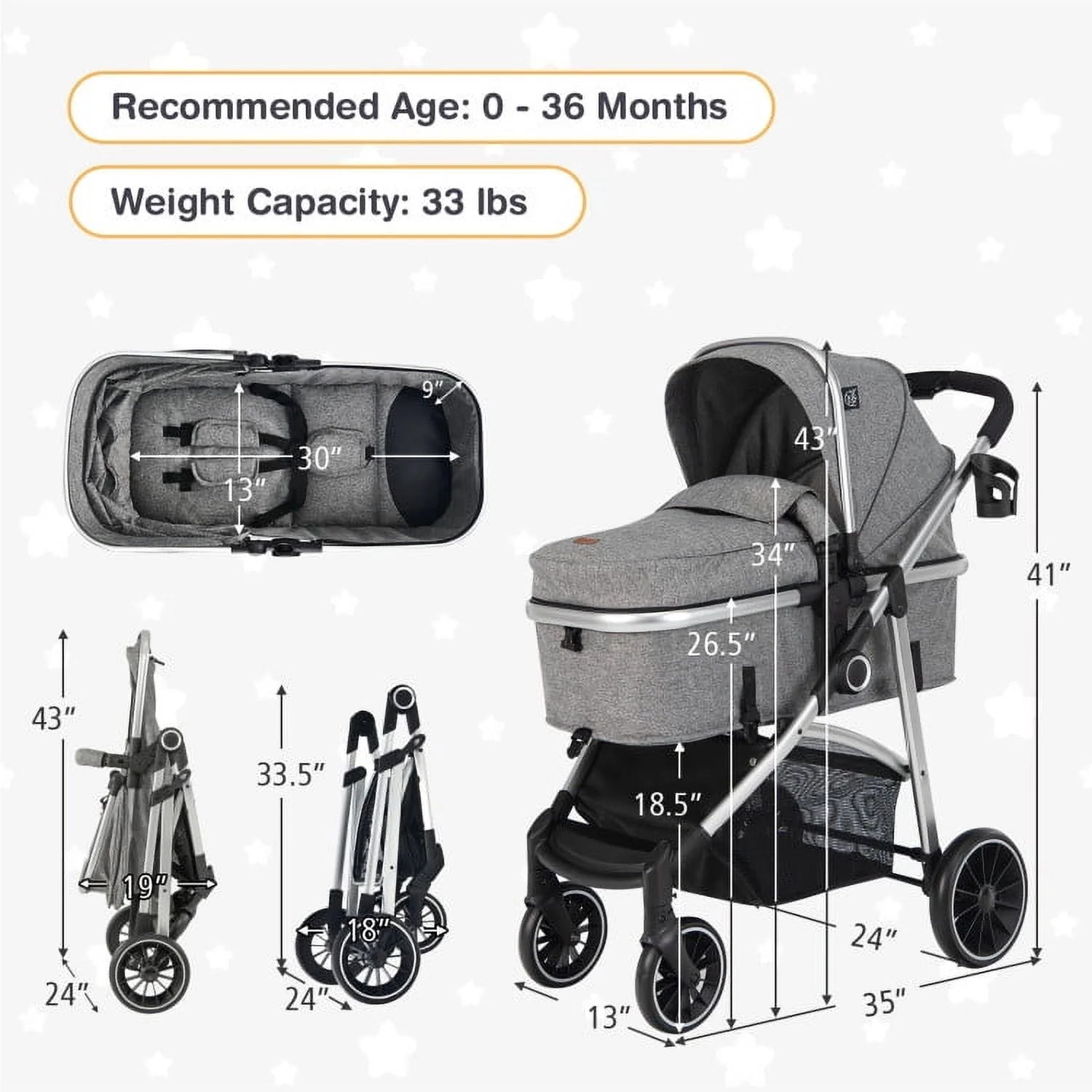 2-In-1 Convertible Baby Stroller with Reversible Seat-Gray, Summer Stroller for Infant & Toddler