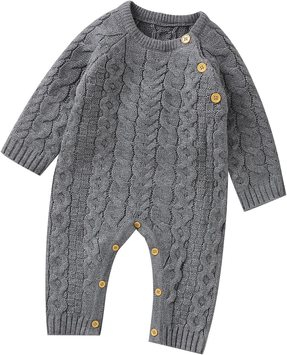 Baby Romper Knit Sweater with Hat Long Sleeve One-Piece Outfit for Newborn Baby(Grey, 3-6 Months)