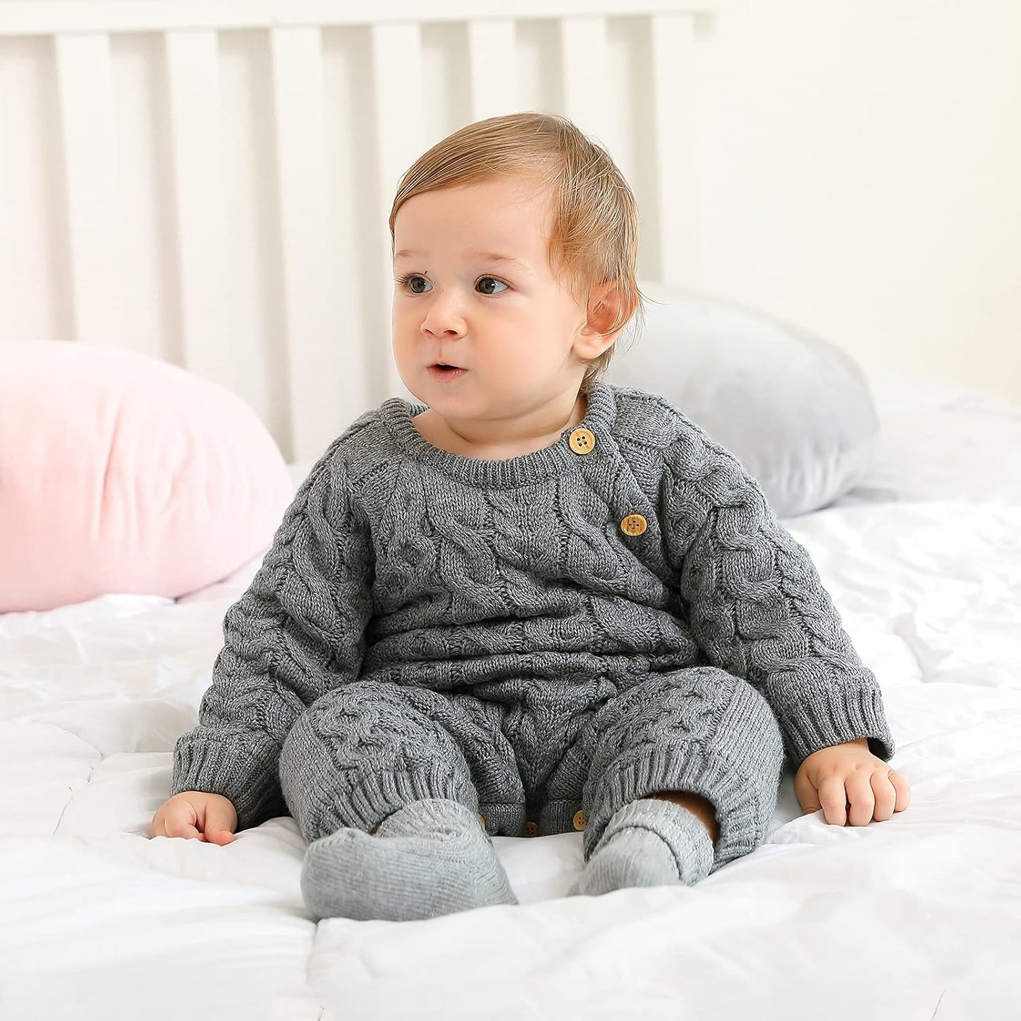 Baby Romper Knit Sweater with Hat Long Sleeve One-Piece Outfit for Newborn Baby(Grey, 3-6 Months)