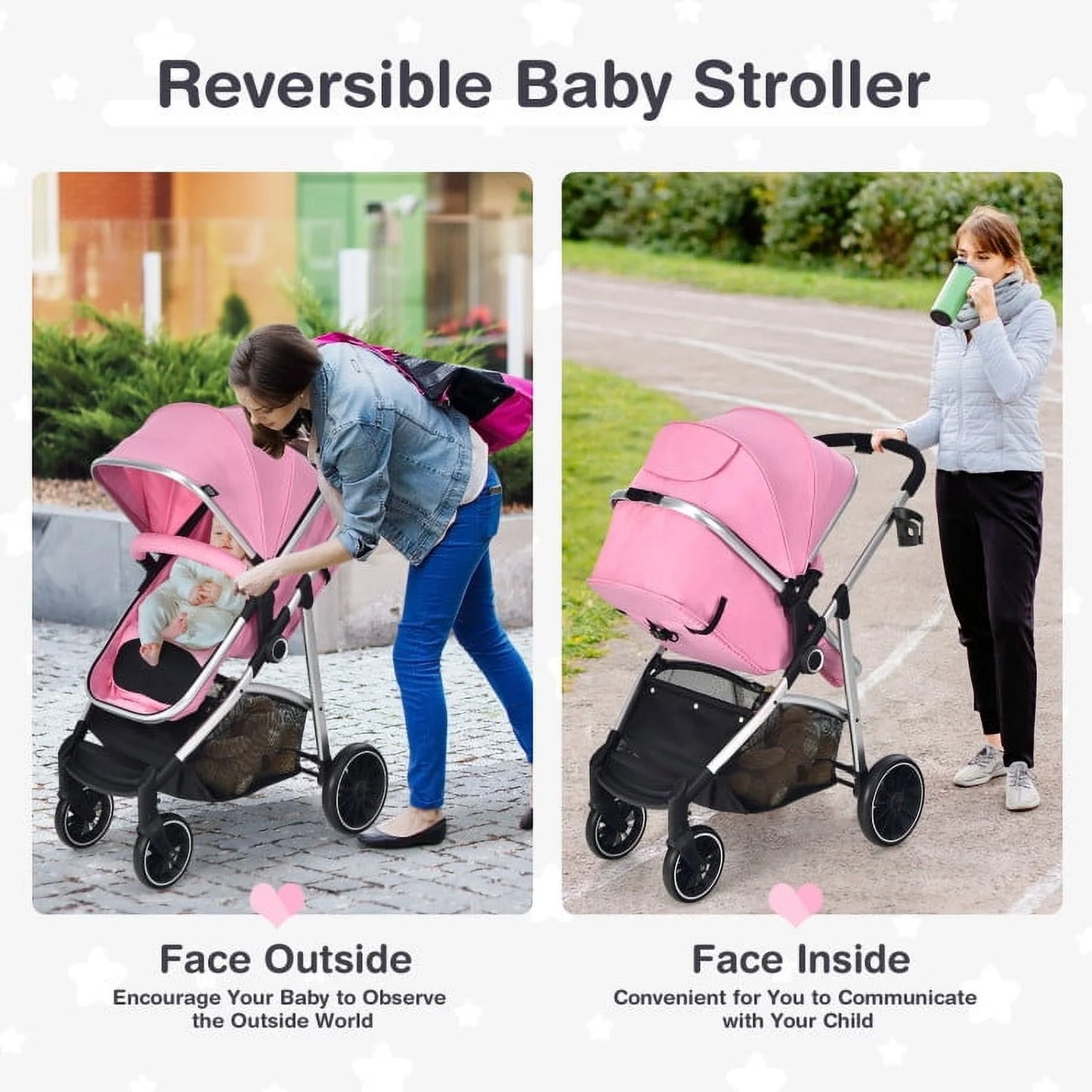 2-In-1 Convertible Baby Stroller with Reversible Seat-Pink, Summer Stroller for Infant & Toddler