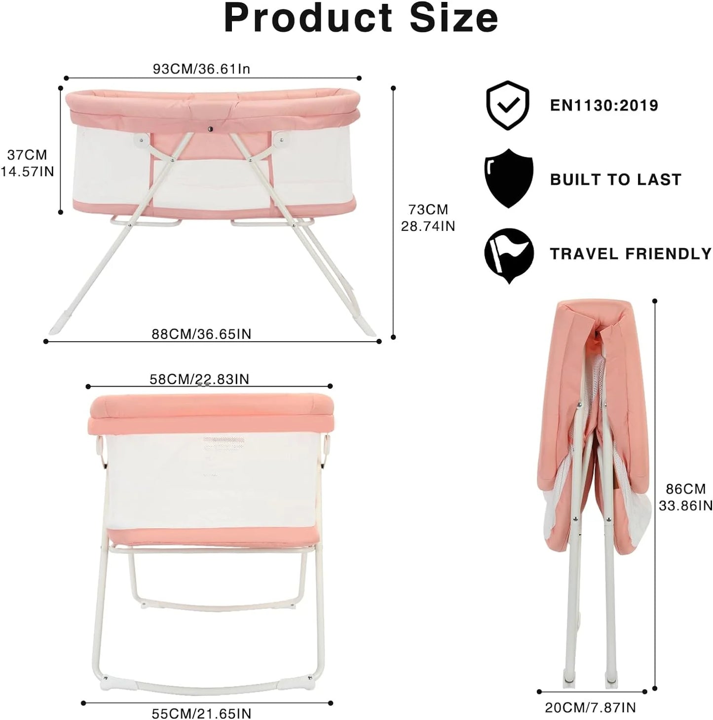 Pink Baby Crib,2 in 1 Cribs and Cradles, Easy Folding Travel Cot with Mattress