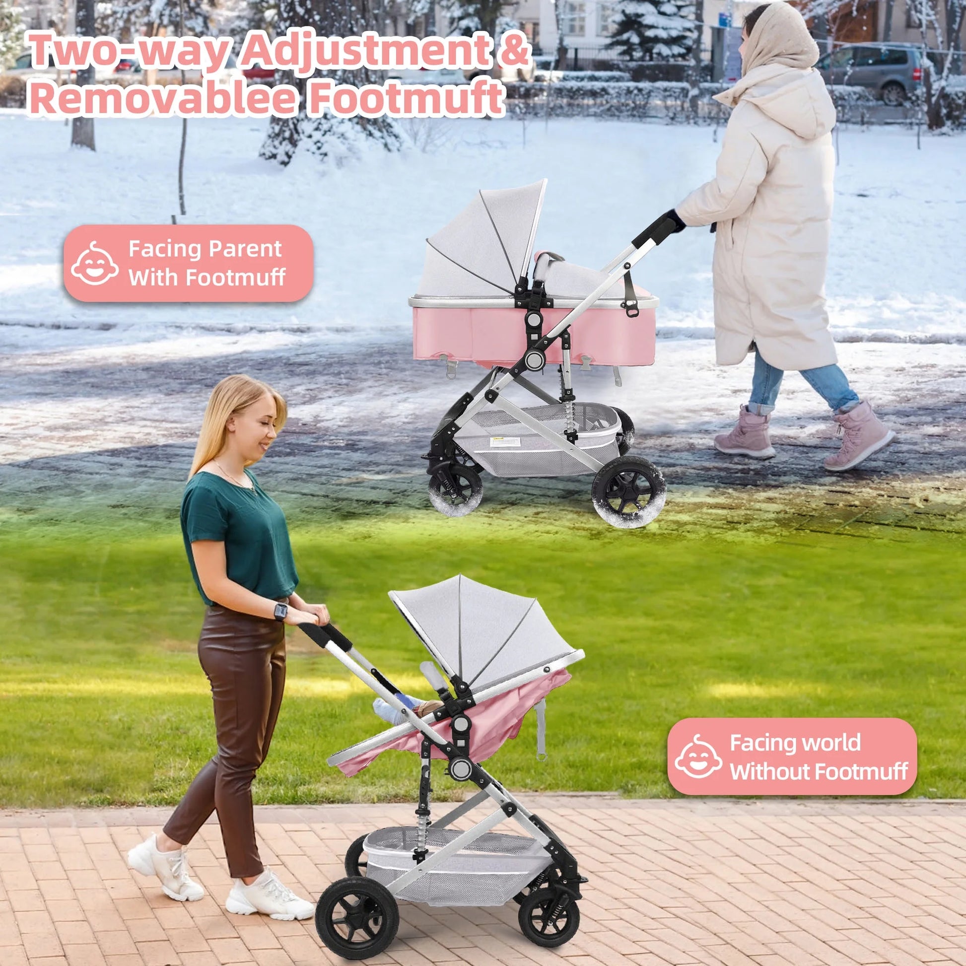 Baby Stroller, Foldable Baby Stroller Reversible Bassinet, Travel Stroller for Newborn, Pink