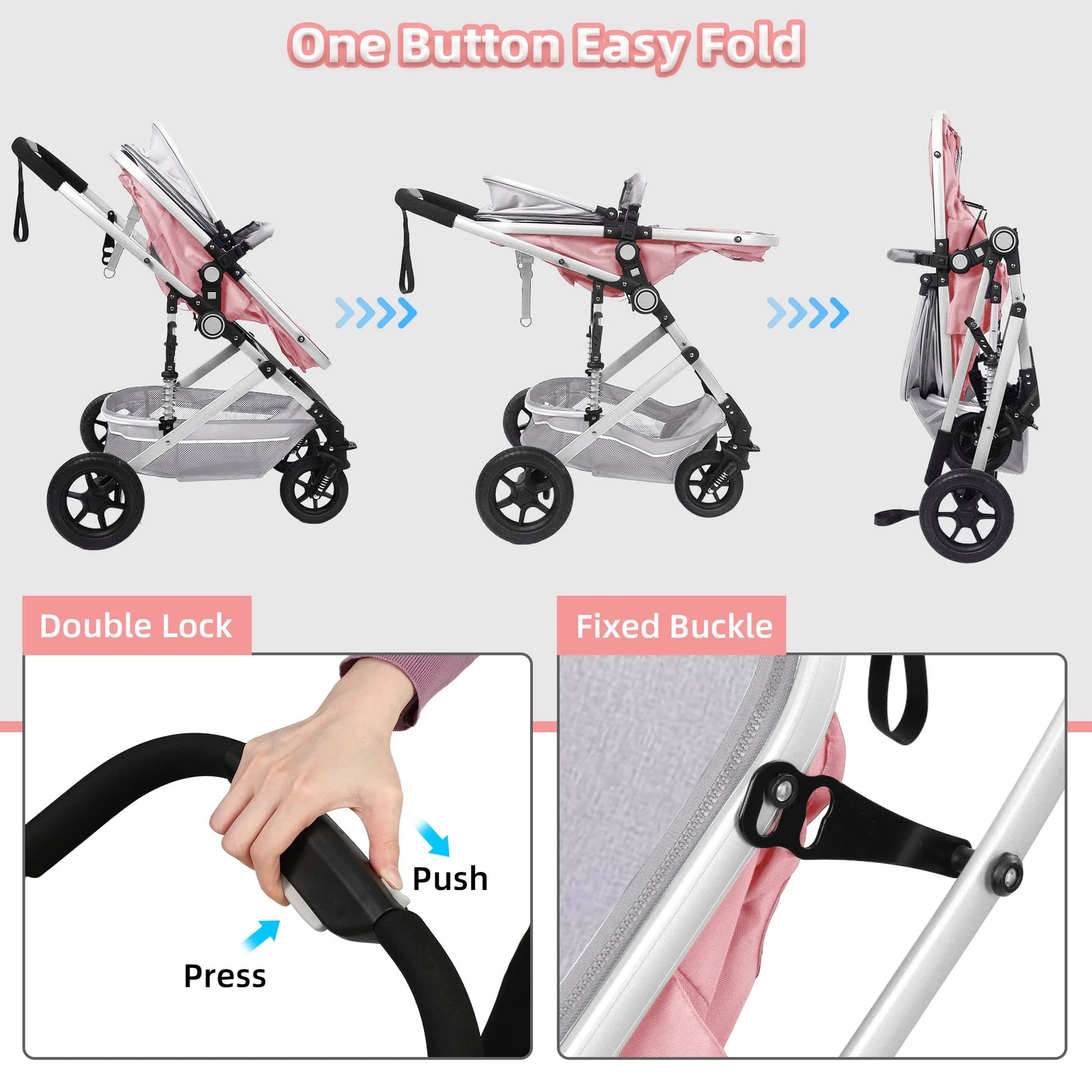 Baby Stroller, Foldable Baby Stroller Reversible Bassinet, Travel Stroller for Newborn, Pink