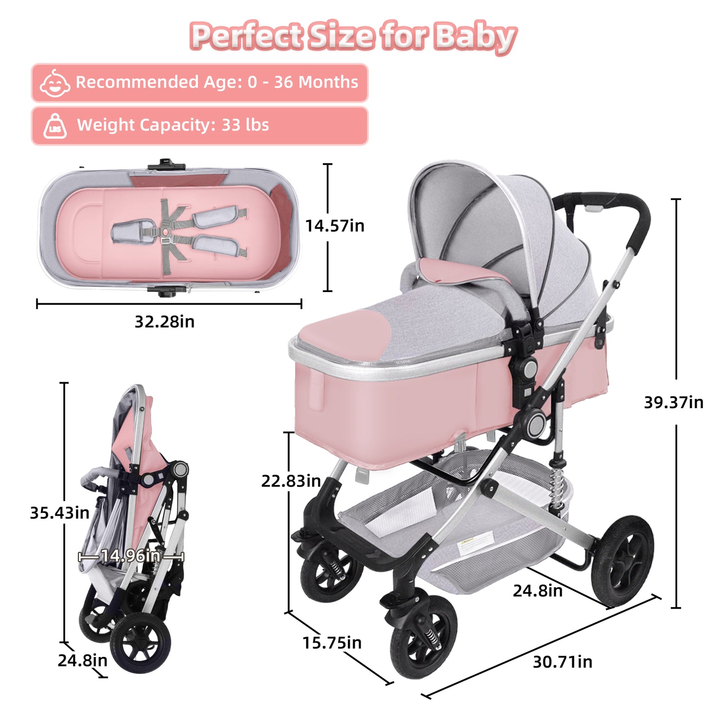 Baby Stroller, Foldable Baby Stroller Reversible Bassinet, Travel Stroller for Newborn, Pink