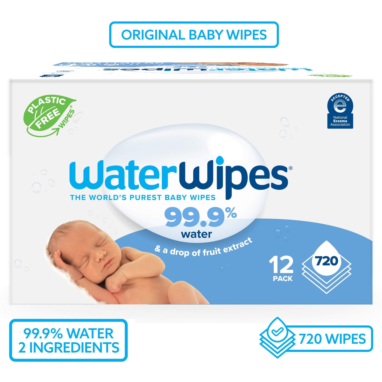 Original 99.9% Water Based Baby Wipes, Unscented, 12 Resealable Packs (720 Wipes)