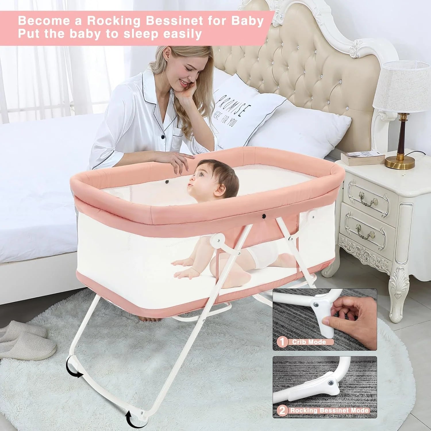 Pink Baby Crib,2 in 1 Cribs and Cradles, Easy Folding Travel Cot with Mattress