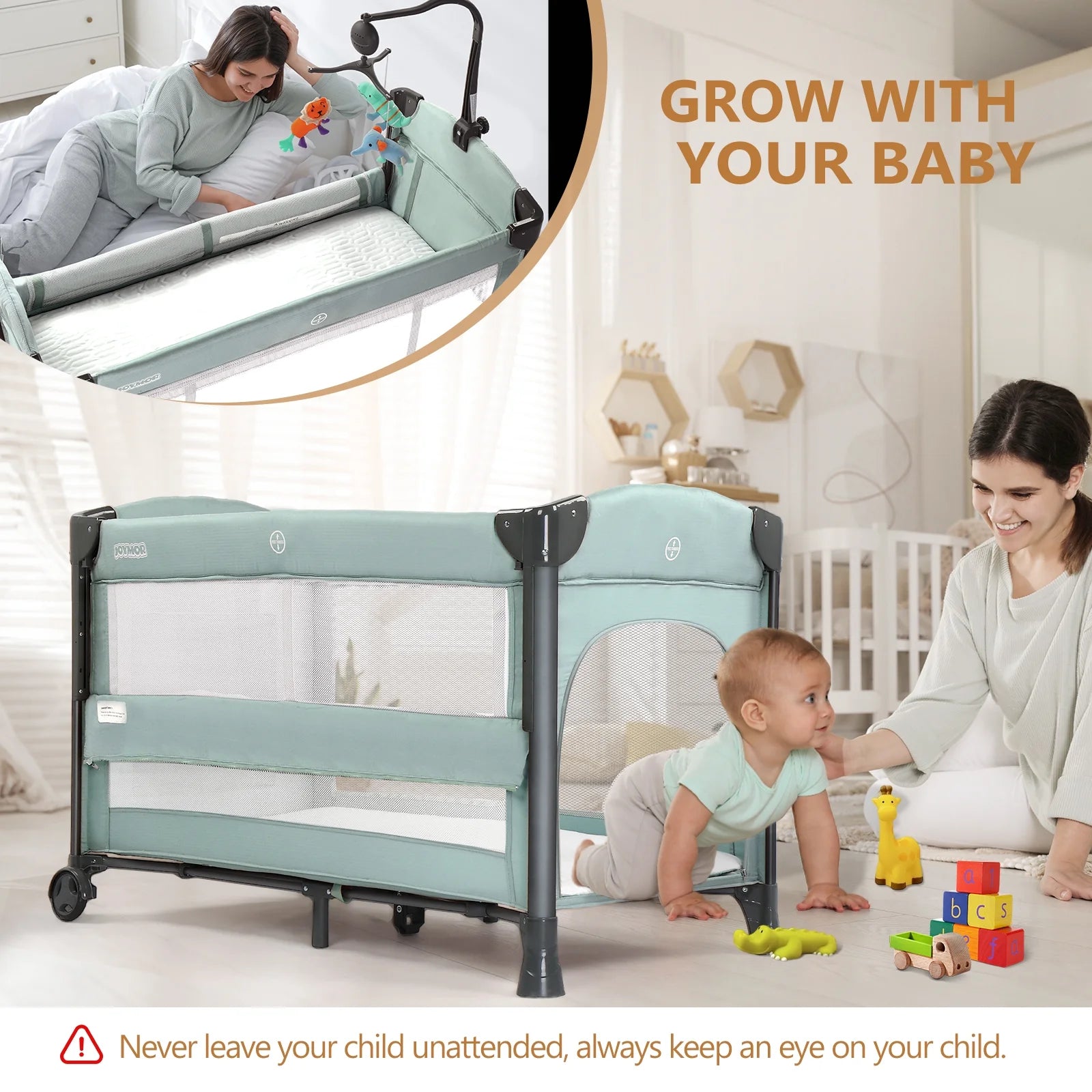 Folding Bedside Sleeper Baby Bassinets, Portable Crib with Wheel for Shower Gift, for Newborn