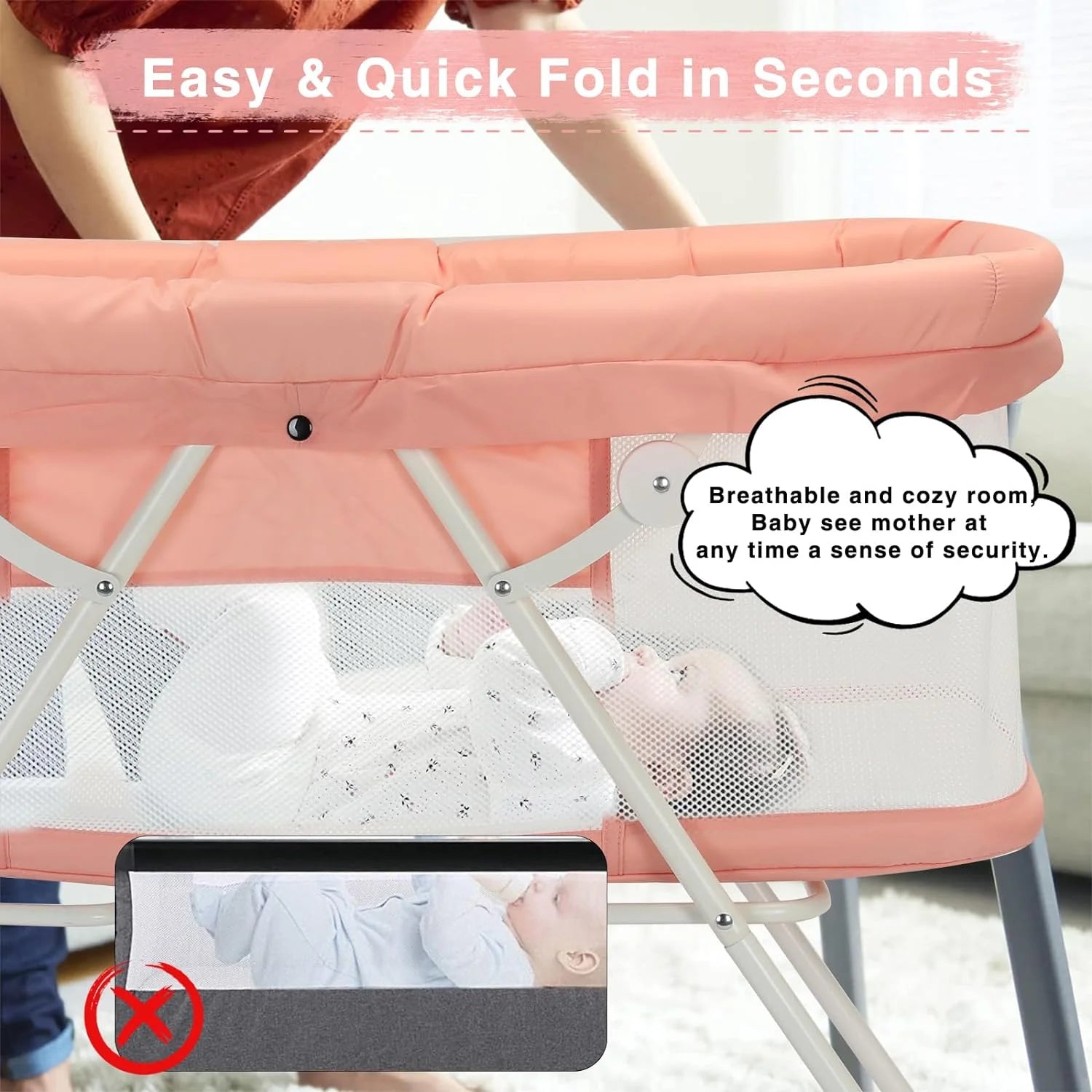 Pink Baby Crib,2 in 1 Cribs and Cradles, Easy Folding Travel Cot with Mattress