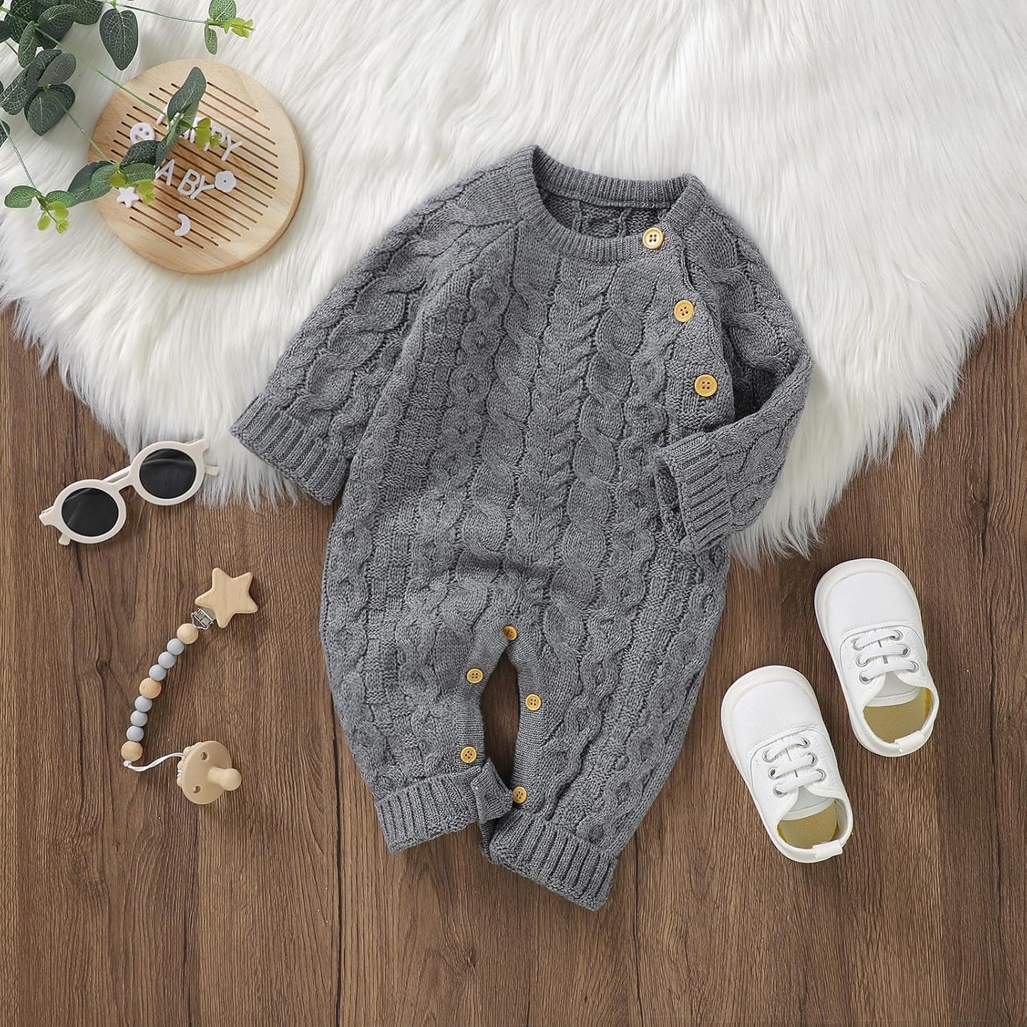 Baby Romper Knit Sweater with Hat Long Sleeve One-Piece Outfit for Newborn Baby(Grey, 3-6 Months)