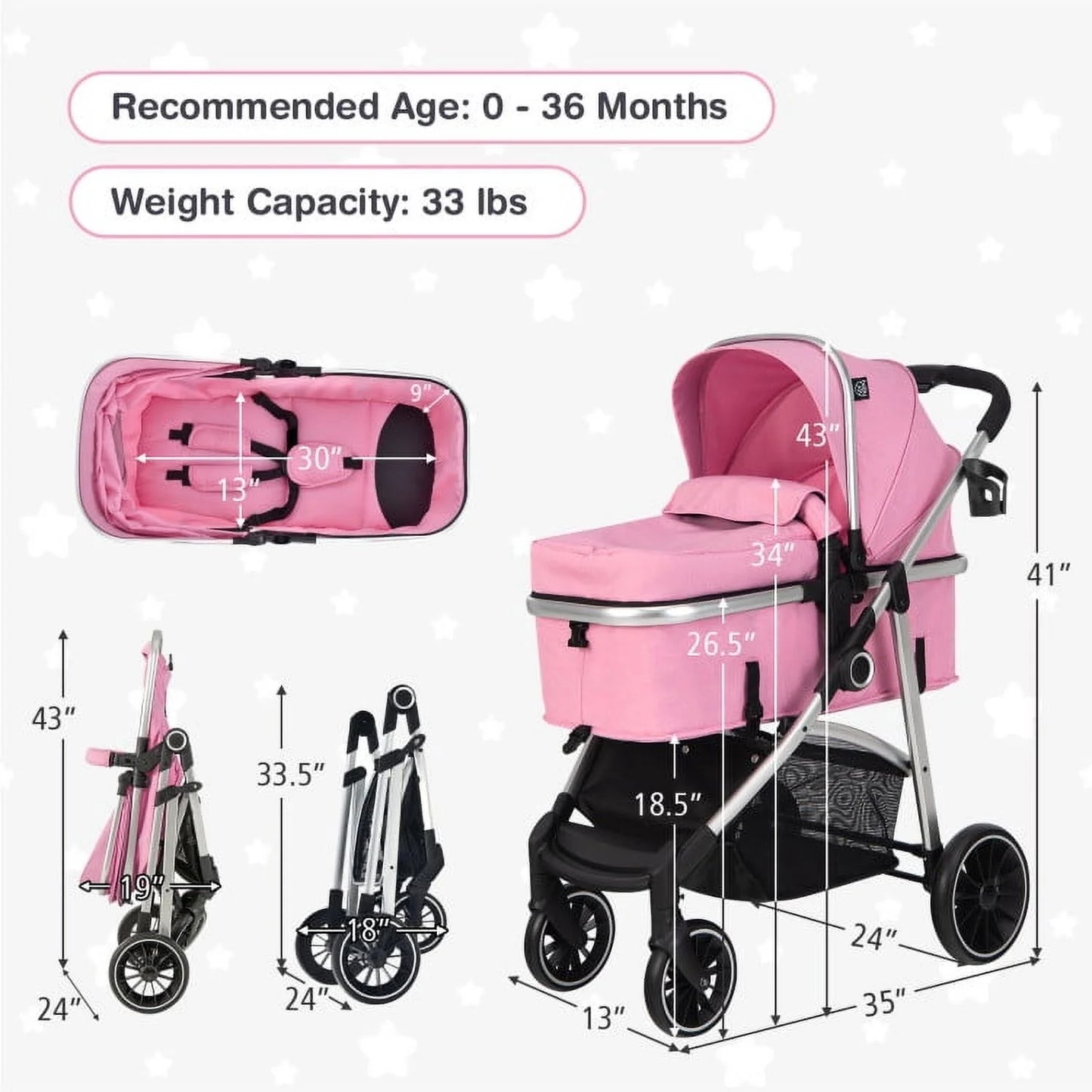 2-In-1 Convertible Baby Stroller with Reversible Seat-Pink, Summer Stroller for Infant & Toddler