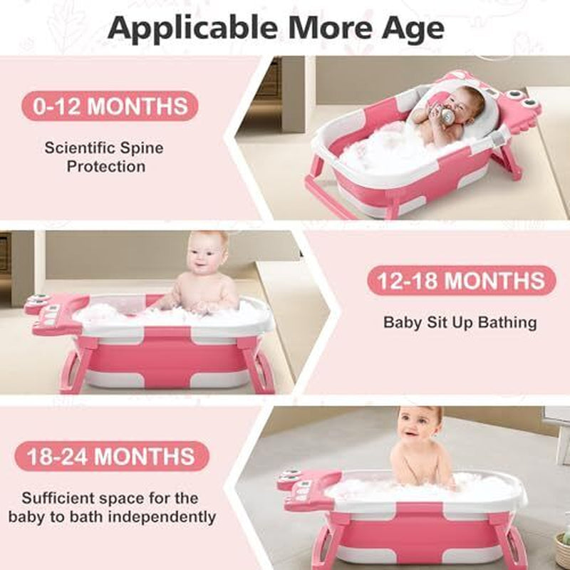 Alligator Collapsible Baby Bathtub for Newborn with Thermometer & 1 Soft Pink